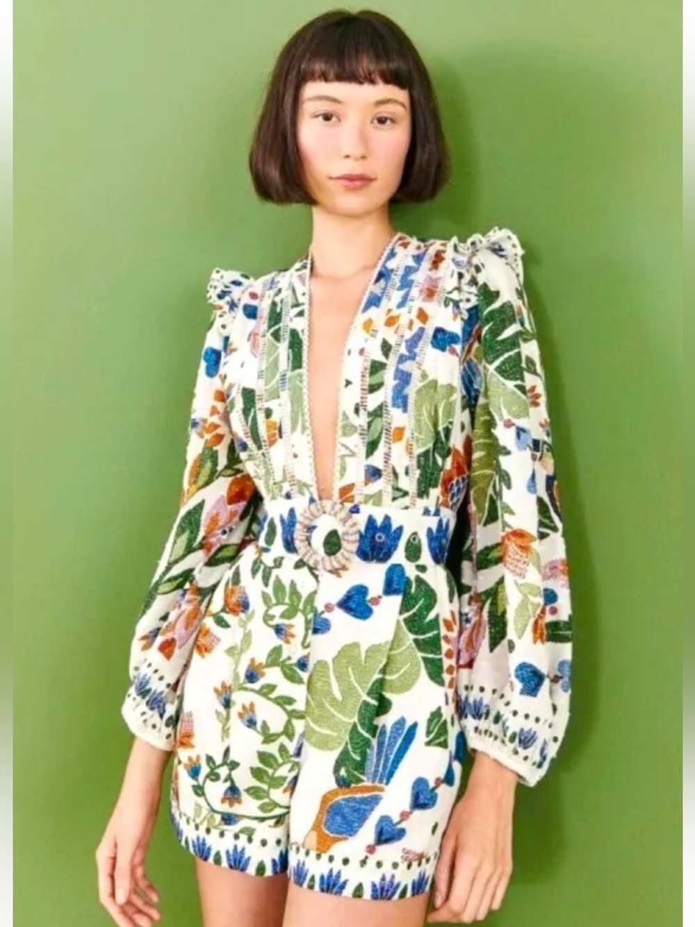 NWT FARM Rio Summer Garden Printed Belted Romper Size L Large Long Sleeve